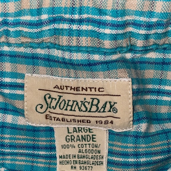 ST. JOHN’S BAY button up short sleeve cotton camp shirt turquoise white size L - Picture 5 of 9